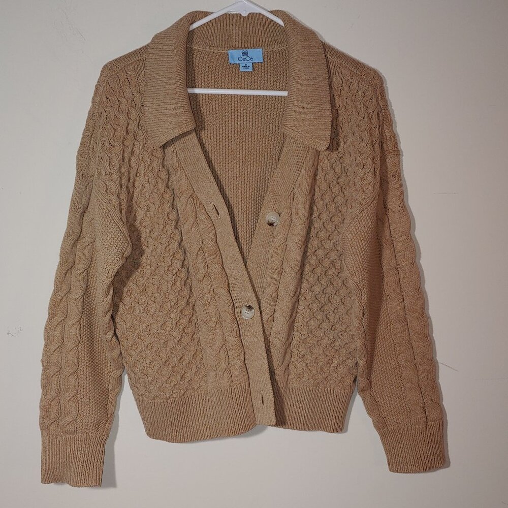 CeCe Chunky Cable Knit Cotton Blend Cardigan Size M Tan